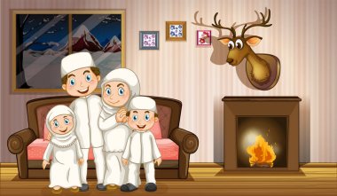 Şömineli oturma odasında Müslüman aile