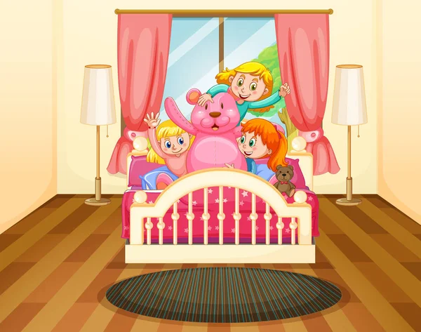 Três meninas no quarto com teddybear rosa — Vetor de Stock