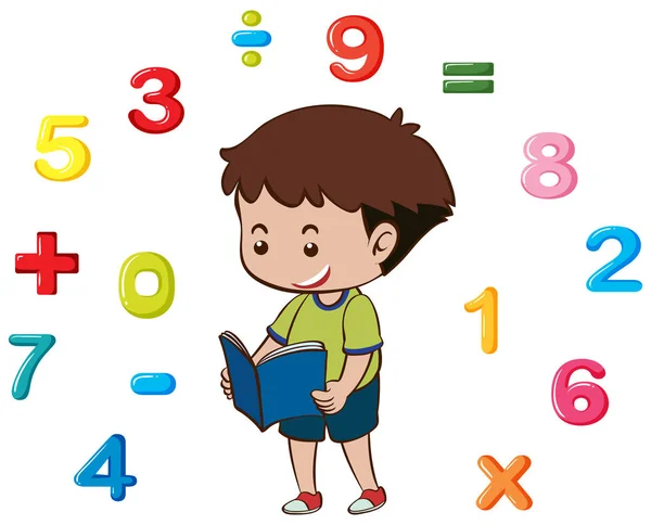 Αγόρι ανάγνωση του βιβλίου με αριθμούς στο παρασκήνιο — Διανυσματικό Αρχείο
