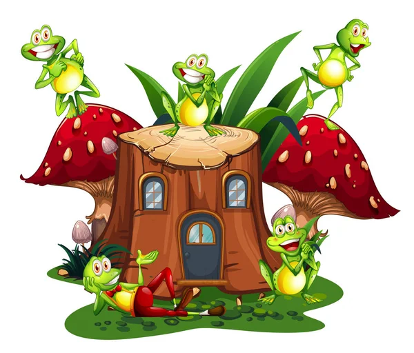 Happy frogs on wooden log house — Stock Vector