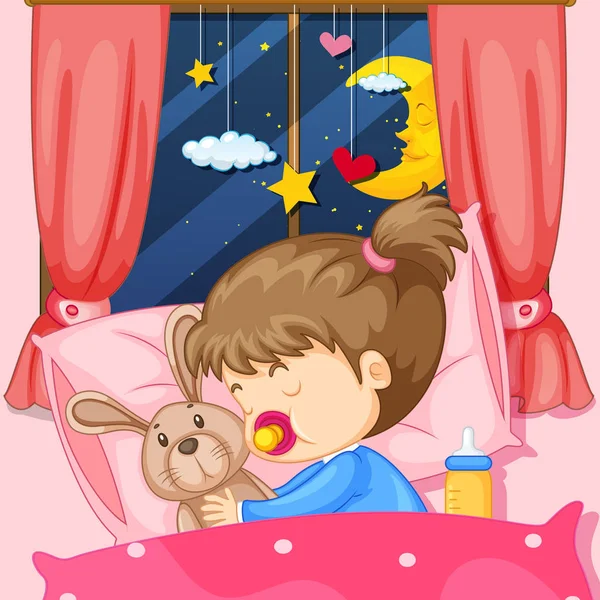 Night scene with girl sleeping in bed — Stock Vector