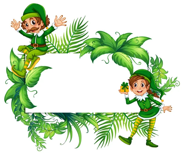 Border template with elves in green costume — Stock Vector