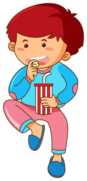 Little boy eating popcorn and drinking soda — Stock Vector