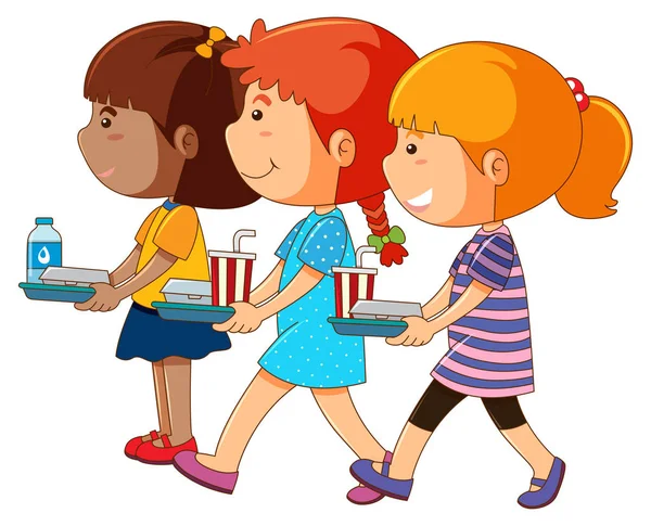 Három lány tartja a tálcát, az élelmiszerek — Stock Vector