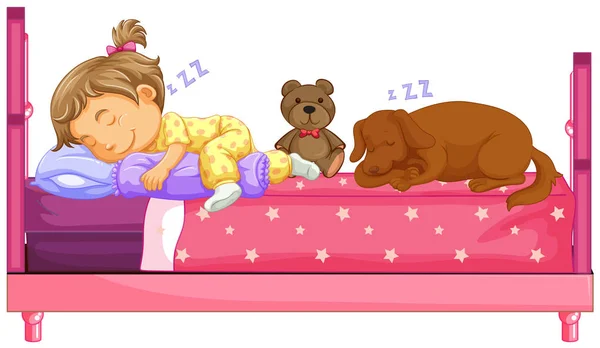 สาวน่ารักนอนกับสุนัขบนเตียง — ภาพเวกเตอร์สต็อก