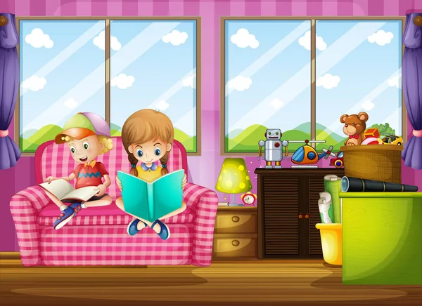 Livre de lecture garçon et fille sur canapé — Image vectorielle