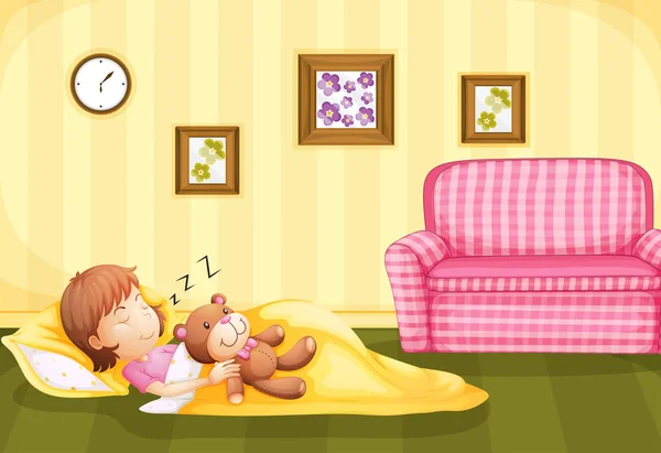 Girl sleeping with teddybear on the floor — Stock Vector