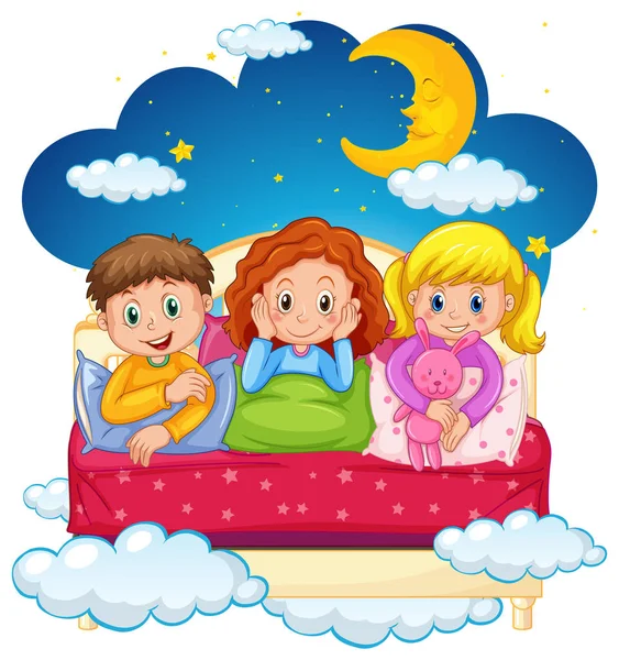 Tres niños en pijama por la noche — Vector de stock