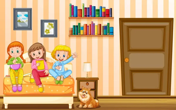 Three girls and pet dog in bedroom — Stock Vector