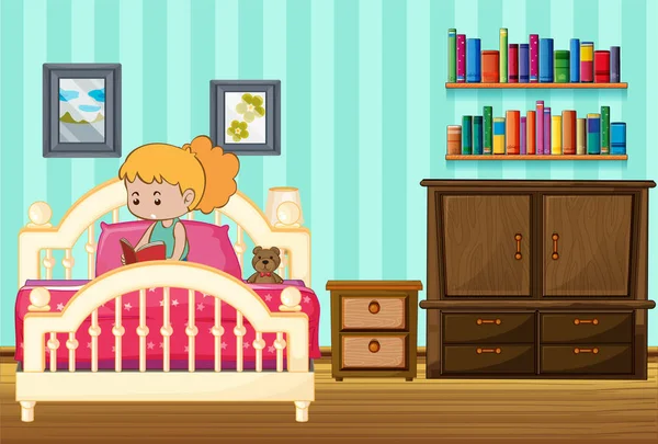 Девушка читает книгу на кровати — стоковый вектор