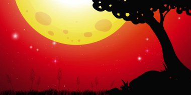 Ay ve kırmızı gökyüzü ile sahne siluet