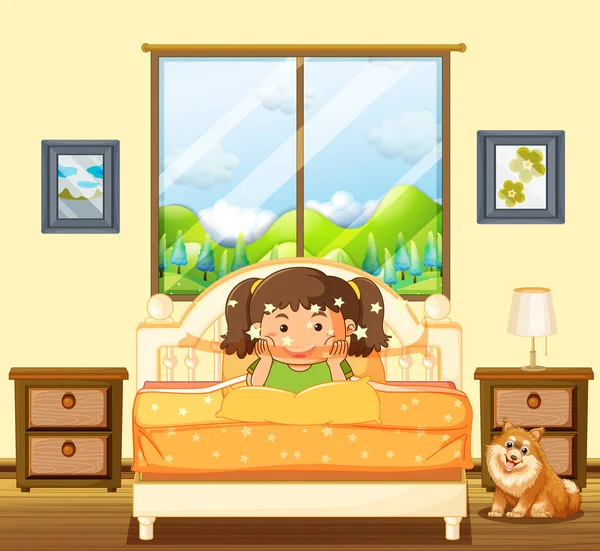Little girl in bedroom with pet dog — Stock Vector