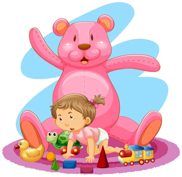 Bambina con orso rosa e giocattoli — Vettoriale Stock