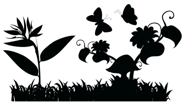Silhouet tuin scène met vlinders — Stockvector