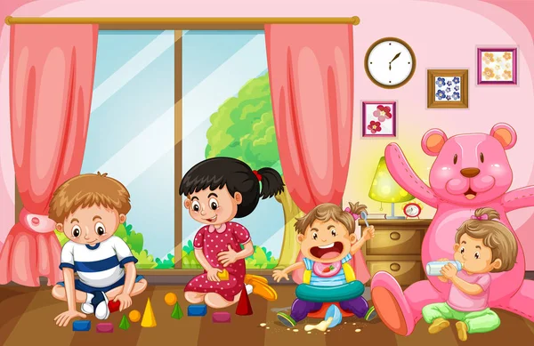 Four kids playing toys in livingroom — Stock Vector