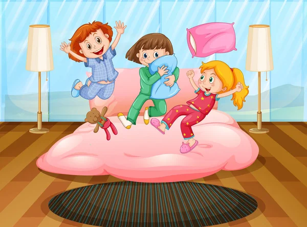 Tres chicas jugando en la fiesta de pijamas — Vector de stock