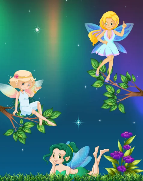 Three fairies flying in garden at night — Stock Vector