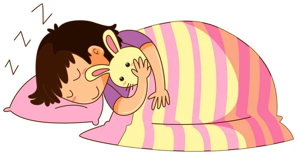 Bambino a letto con bambolina coniglietta — Vettoriale Stock