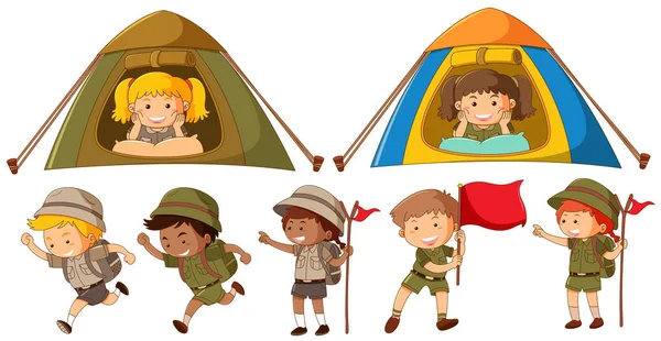 Muchos niños en traje de safari corriendo y acampando en tienda de campaña — Vector de stock
