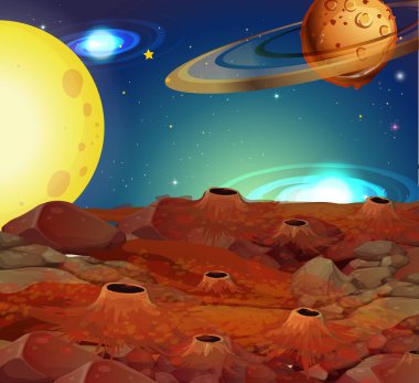 Ay ve diğer gezegenlerin ile arka plan manzara