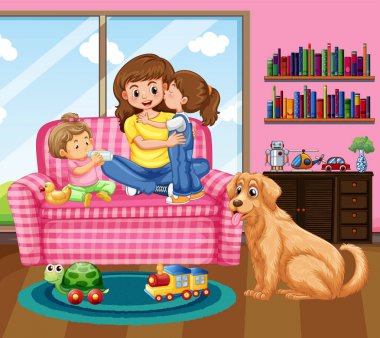 Anne ve iki çocuğu ile oturma içinde evde beslenen hayvan köpek