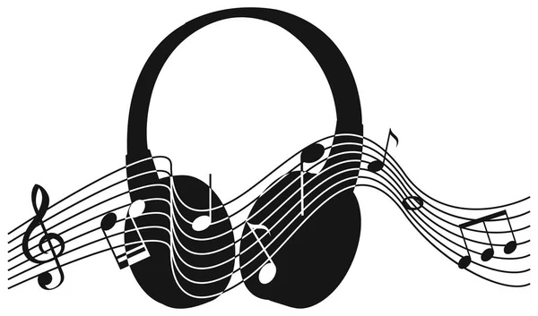 Auriculares de silueta con notas musicales en segundo plano — Vector de stock