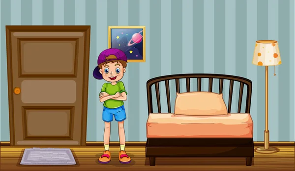 快乐男孩站在卧室里 — 图库矢量图片