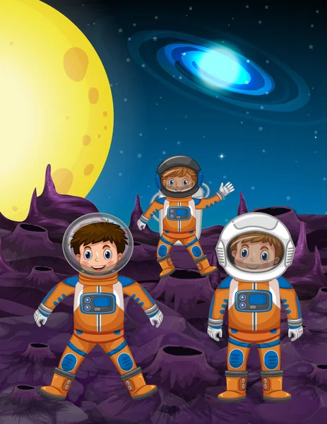 달 표면에 3 명의 우주 비행사 — 스톡 벡터