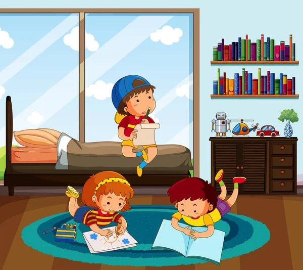 Três crianças fazendo lição de casa no quarto — Vetor de Stock