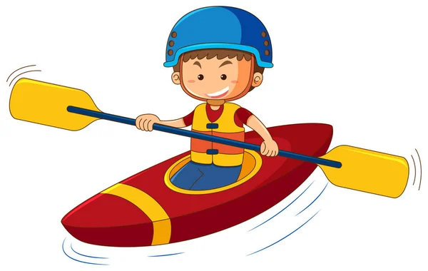 Menino vestindo colete salva-vidas e capacete em canoa — Vetor de Stock