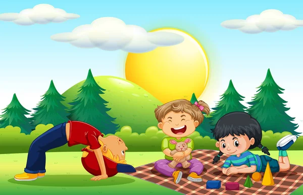 Tres niños jugando en el parque — Vector de stock