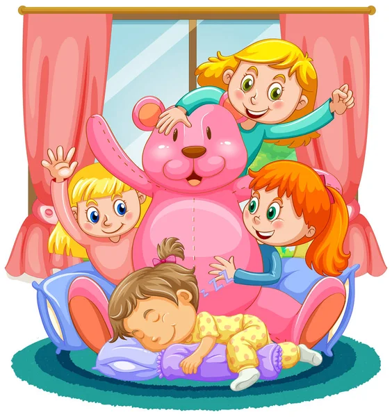 Quattro ragazze che giocano con l'orso rosa — Vettoriale Stock