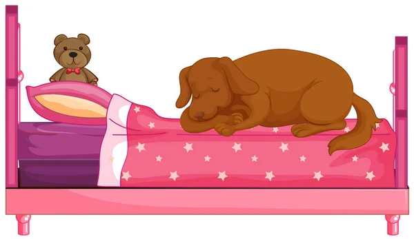 Dog slepping on pink bed — Stock Vector