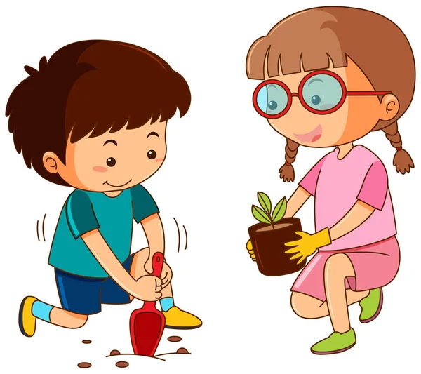 Jongen en meisje aanplant in de tuin — Stockvector