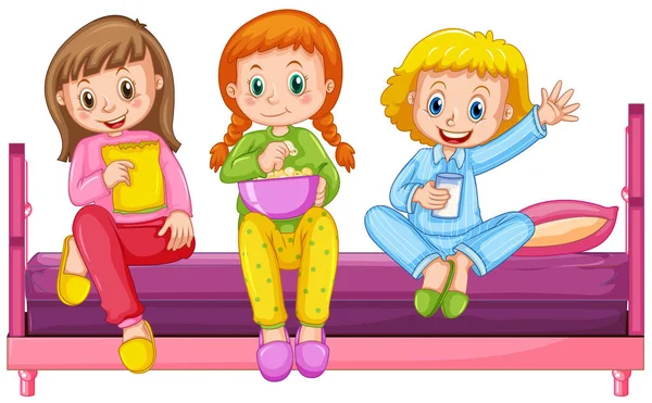 Three girls pajamas sitting on bed — Stock Vector
