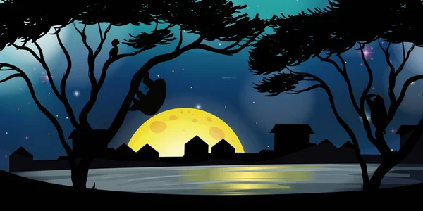 Scena di silhouette con edifici e lago di notte — Vettoriale Stock