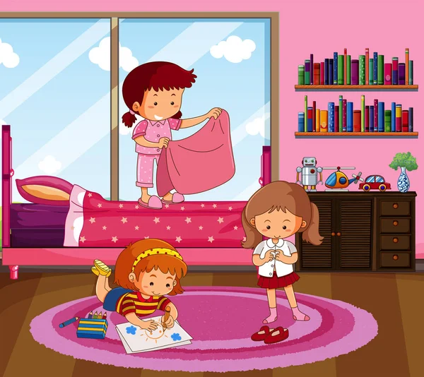 Three girls doing different things in bedroom — Stock Vector