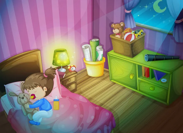 Bambina che dorme con la bambola coniglietta in camera da letto — Vettoriale Stock