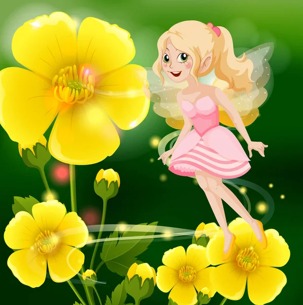 Cute fairy in pink dress flying in flower garden — Stock Vector