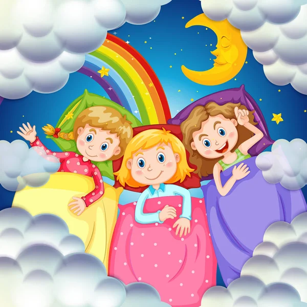 Tres chicas en la cama por la noche — Vector de stock