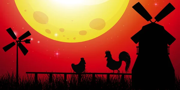 Silhouette-Szene mit Hühnern auf dem Bauernhof — Stockvektor