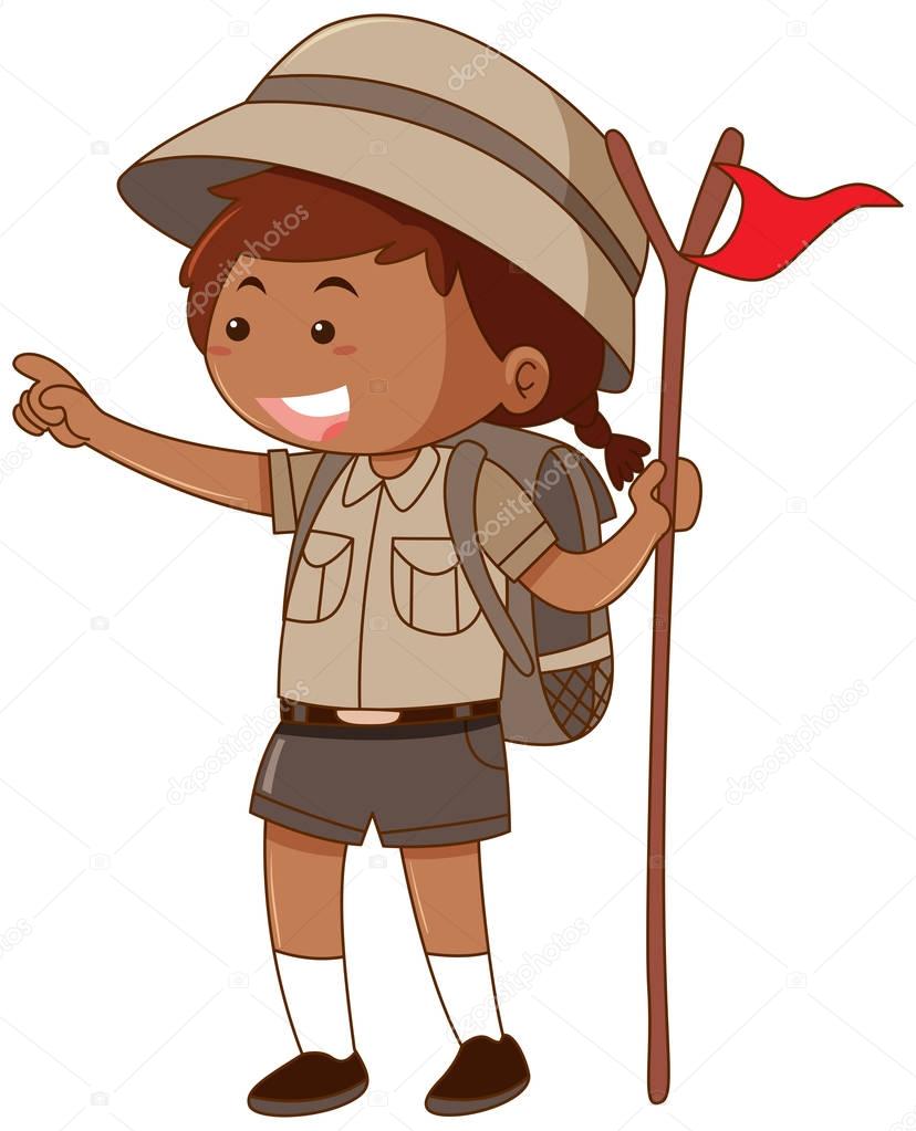 Girl in safari outfit holding flag