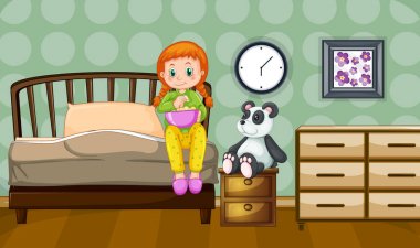 Küçük kız ve panda bebek yatak odasında