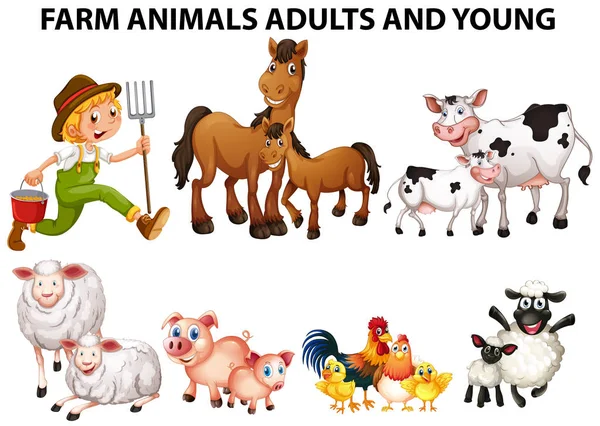 Různé druhy hospodářských zvířat s dospělými a mláďaty — Stockový vektor