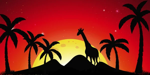 Scena di silhouette con alberi di cocco e giraffa — Vettoriale Stock