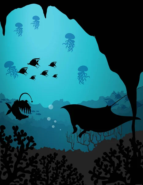 Cena de silhueta com criaturas marinhas subaquáticas — Vetor de Stock