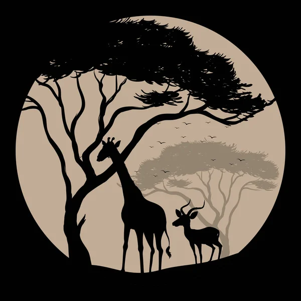 Scène de silhouette avec girafe et gazelle — Image vectorielle