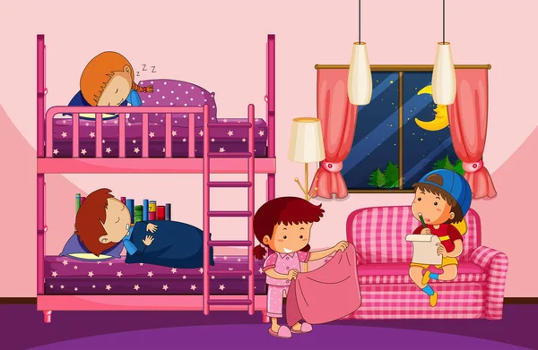 Vier kinderen in slaapkamer met stapelbed — Stockvector