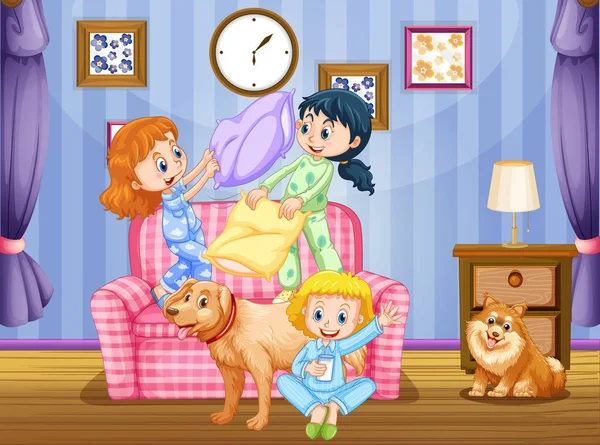 Three girls and two dogs in living room — Stock Vector