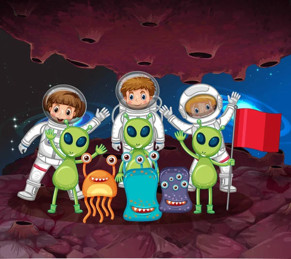 Astronauts and aliens on the same planet — Stock Vector